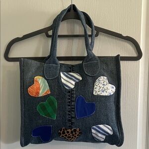 Stylish Denim Tote Bag with Colorful Heart Accents
